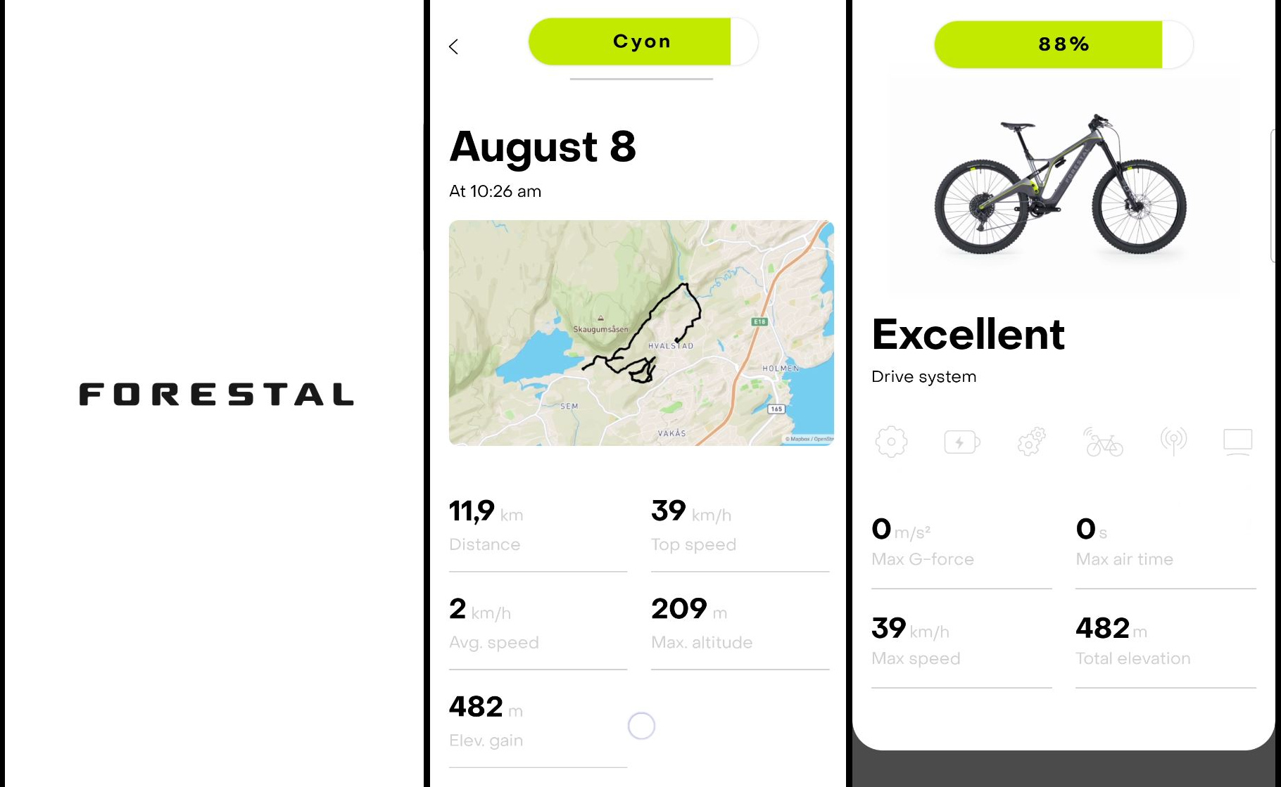 The Forestal app. Recorded rides are there, settings for motor and bike are currently inactive.