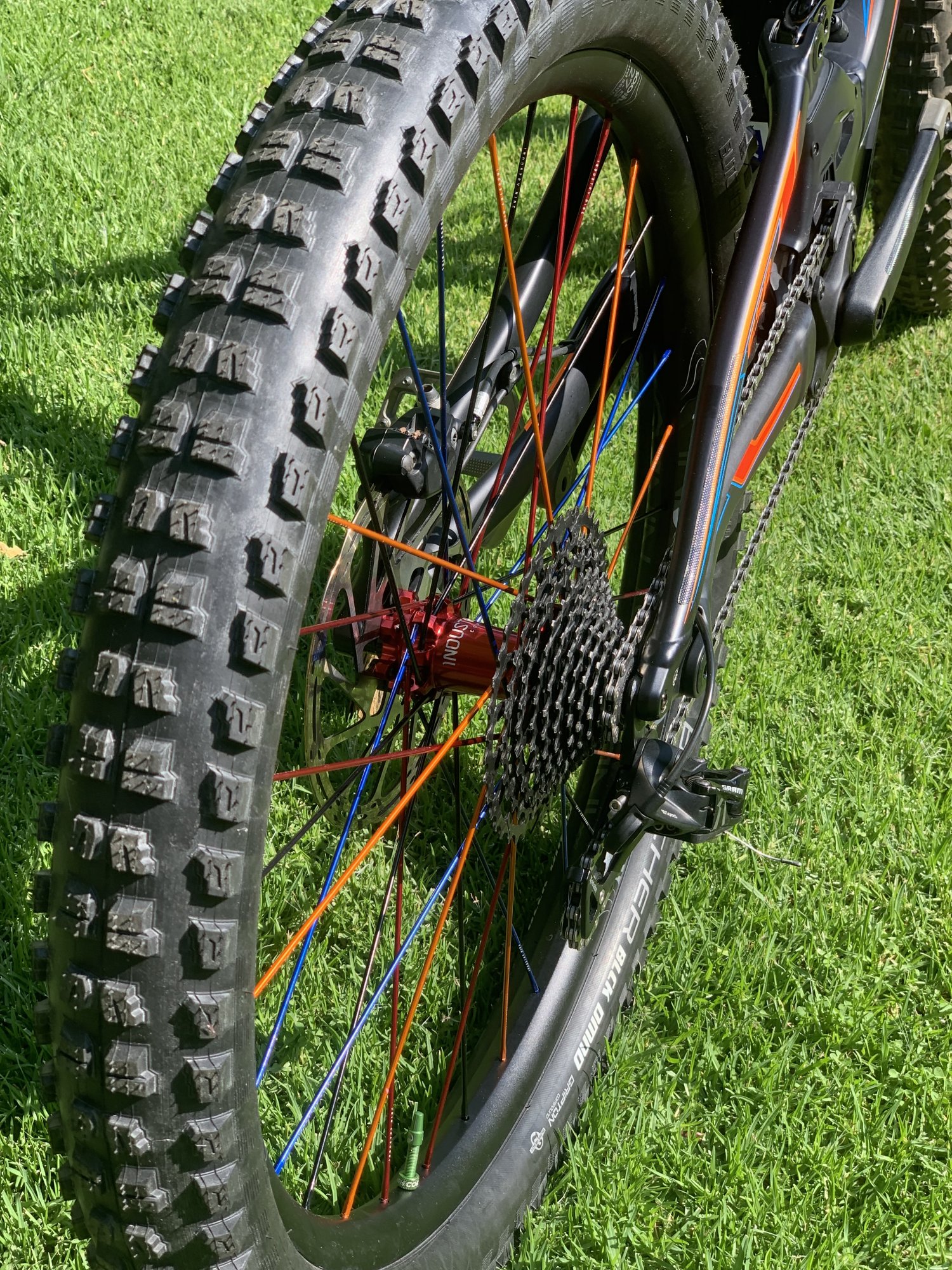 Rear i9 wheel build with red hub on Grade 300 DH rims and Steel (E-Bike rated) Freehub.